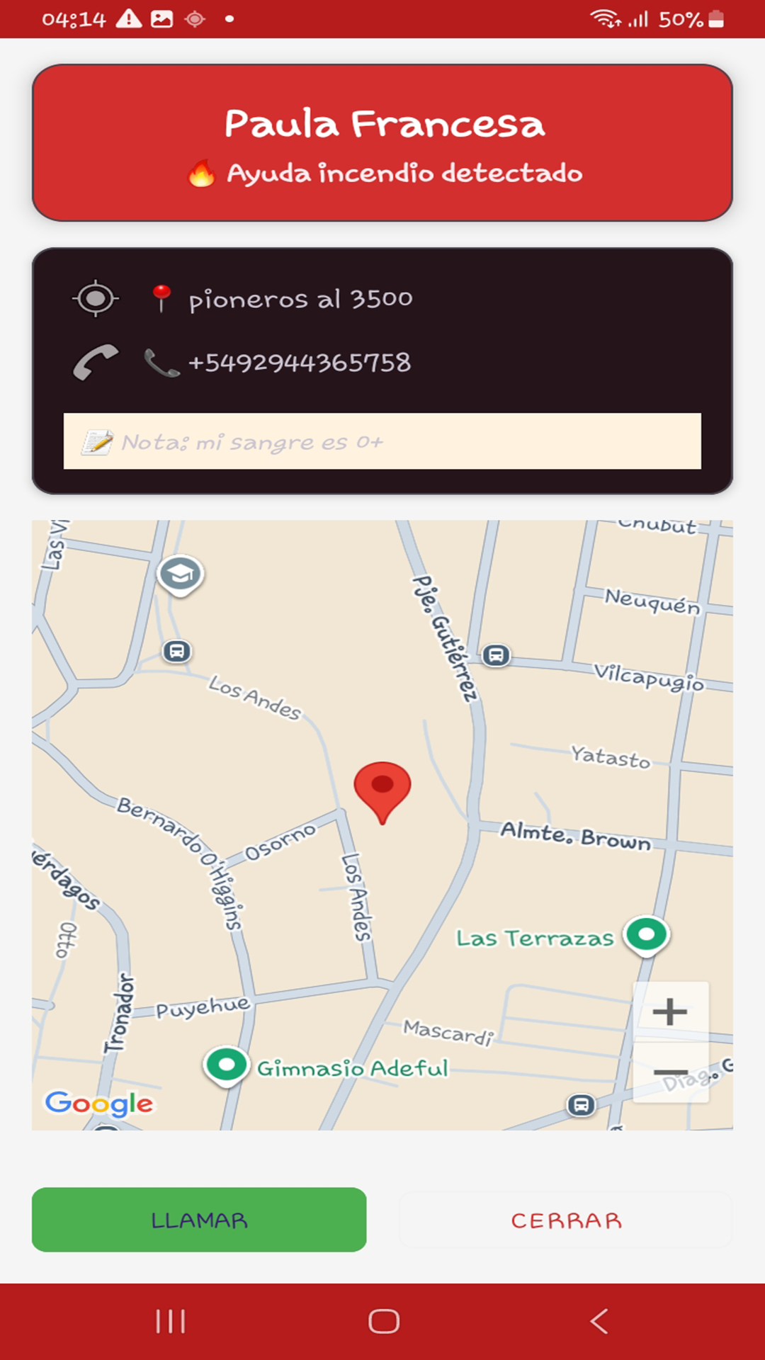 Mapa con ubicación del vecino en alerta