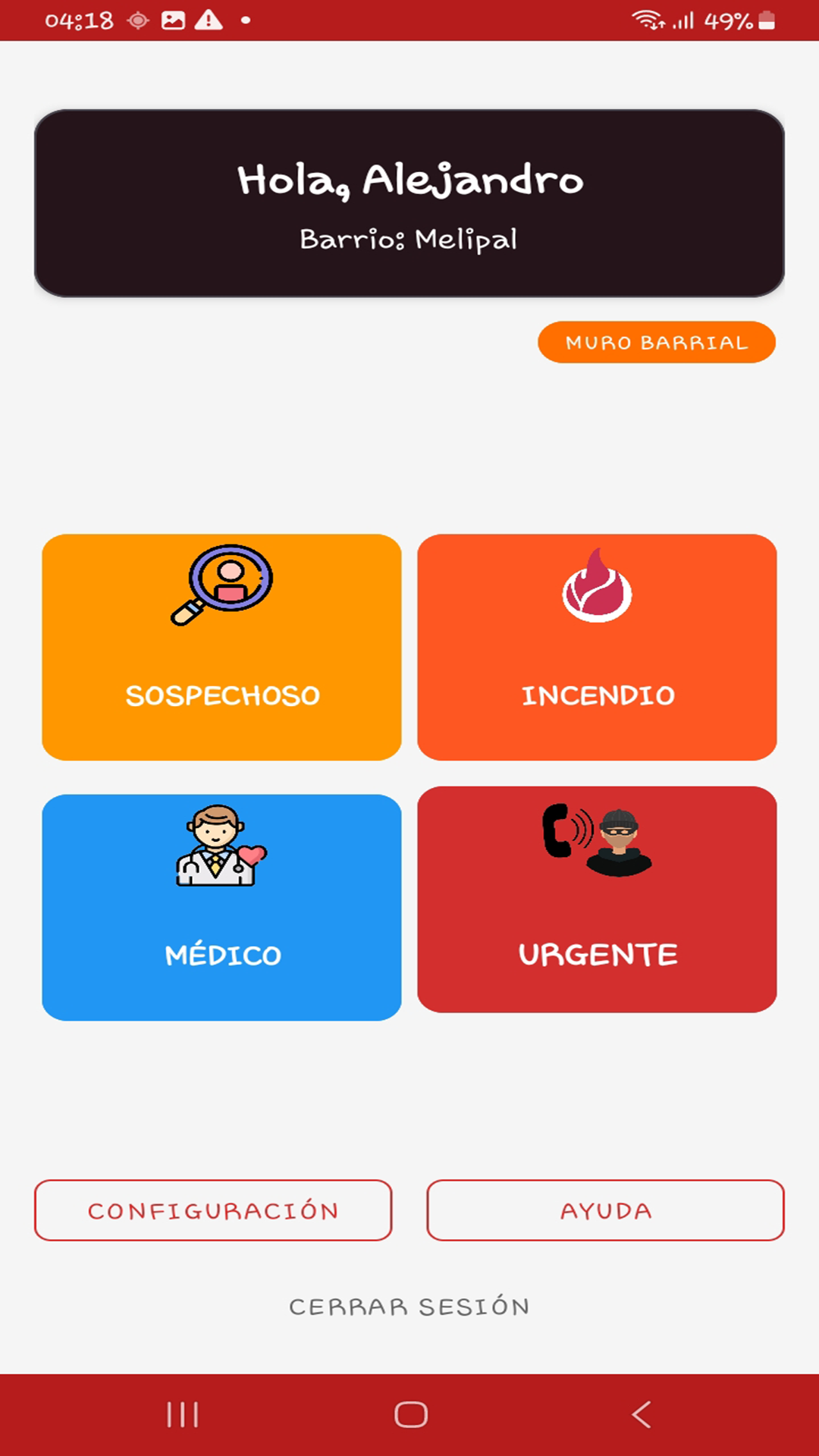 App Alerta Bariloche - Pantalla principal con 4 botones de emergencia